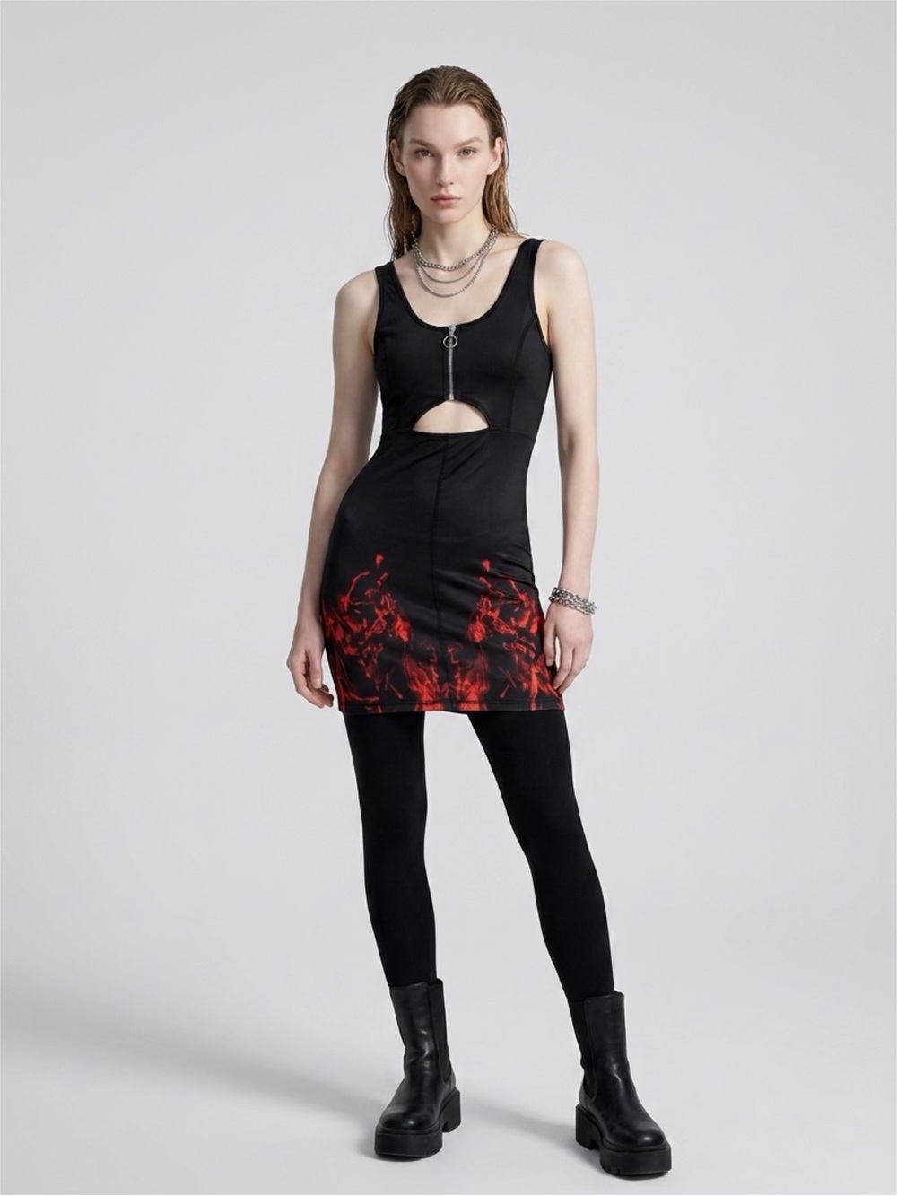 Dolls Kill Black Tank Dress with Red Flame Print and Front Zip Women’s Size S